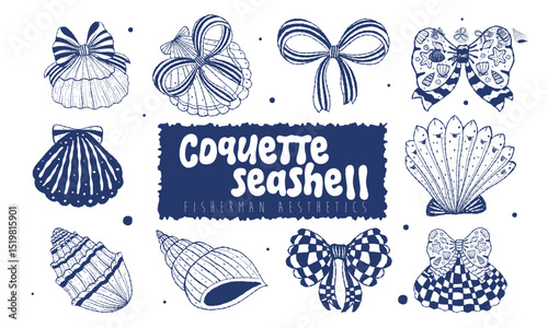 coquette seashell and ribbon bow elements isoleted on white background. Vector illustration.
