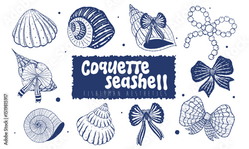 coquette seashell and ribbon bow elements isoleted on white background. Vector illustration.