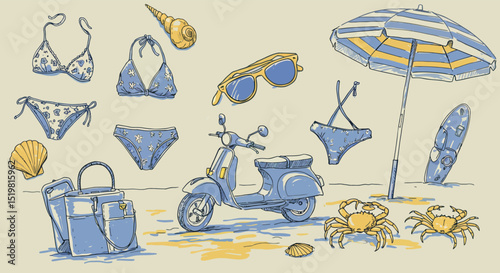 Summer beach essentials: scooter, swimwear, umbrella, sunglasses, seashells, crabs