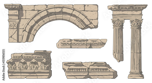 Ancient roman architectural ruins illustration with columns and arches