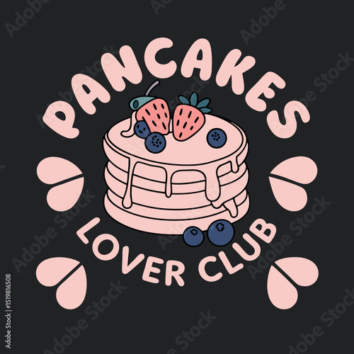 Cute pancake lover club design with strawberries and blueberries on a black background