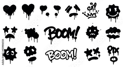 Black dripping graffiti icons and emojis on white background