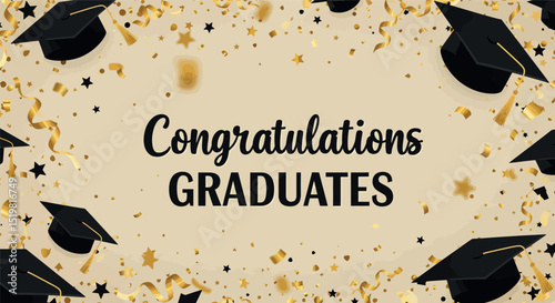 Celebratory graduation design with caps and gold confetti for graduates