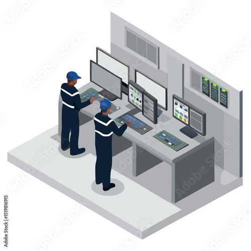 Technicians monitor urban traffic and infrastructure in a high-tech control room, illustrated in isometric cartoon with real-time data and cameras.