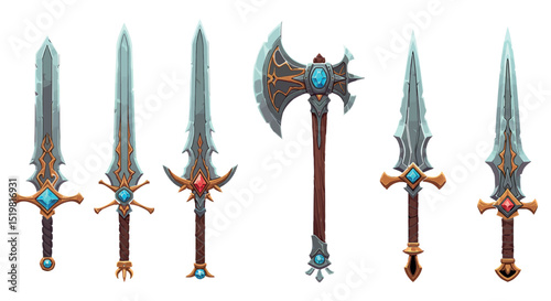Fantasy medieval weapons collection with swords and axe adorned with gems