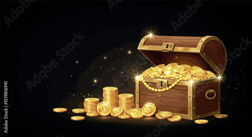 Open treasure chest filled with shiny gold coins and pearls on black background