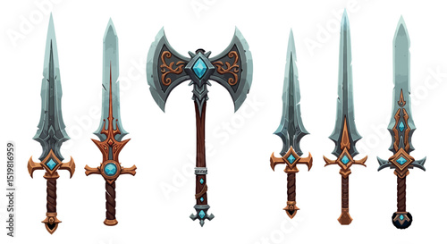 Fantasy medieval weapons collection with swords and axe