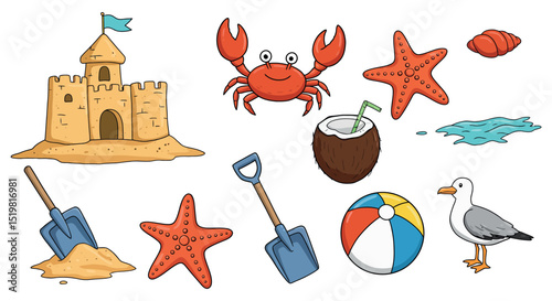 Beach fun: sandcastle, crab, sea stars, coconut, and more