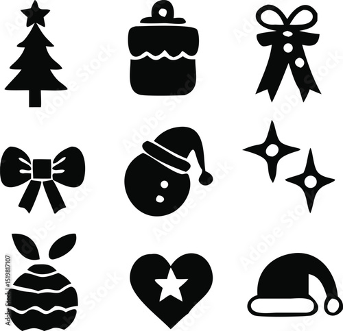 Christmas Vector Icon Set, Background, Black, Isolated