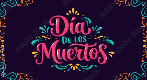 Colorful día de los muertos decorative typography on dark background