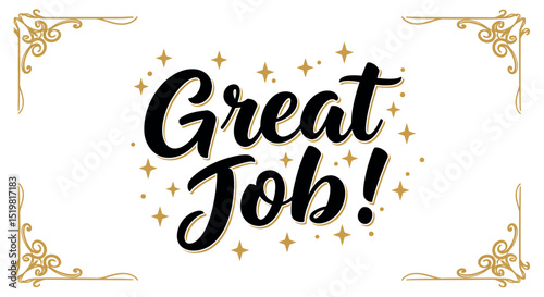 Stylish great job text design with decorative gold elements and stars