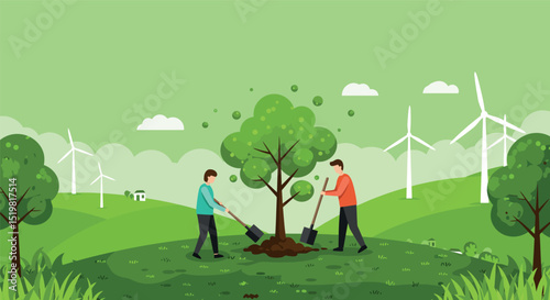 Two young caucasian males planting tree on eco-friendly farm with wind turbines