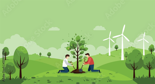 Two males planting tree in green landscape with wind turbines