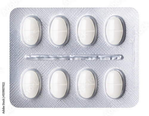 A pack of white pills in a clear bottle with a labeled cap on a soft surface for medical or pharmaceutical use in a clinical setting isolate on transparent background