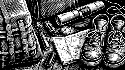 A detailed black and white sketch vector of camping gear: backpack, map, flashlight, compass, boots minimalist outdoors style