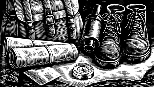 A detailed black and white sketch vector of camping gear: backpack, map, flashlight, compass, boots minimalist outdoors style