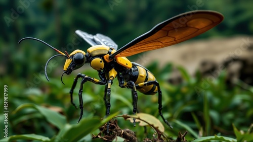 Detailed macro shot of a mechanical paper wasp among vibrant green foliage photo