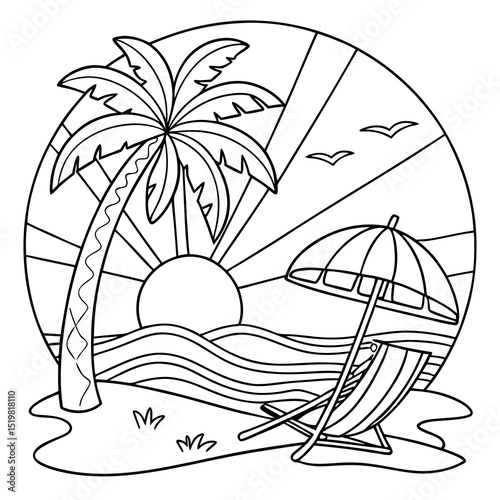Beach scene with palm tree sunset umbrella and lounge chair outline illustration for coloring.