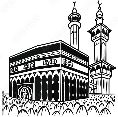 Sacred Kaaba in Mecca - Monochromatic Illustration of Pilgrims and Islamic Architecture