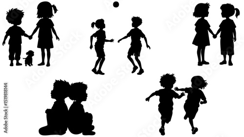 Silhouette set of kids playing, sitting, chasing and playing with a ball and puppy