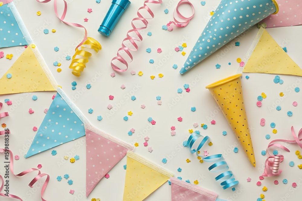 Obraz premium Vibrant Party Celebration Essentials with Colorful Confetti, Polka Dot Bunting Flags, Ribbons, and Decorative Cones for Joyful Festive Occasions