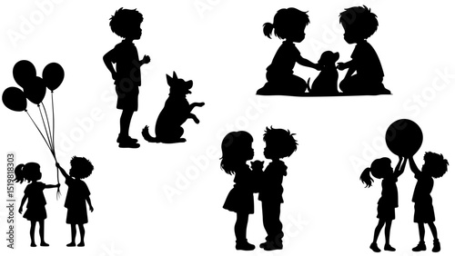 Stylish silhouette set of children playing with pets, balloons, and balls