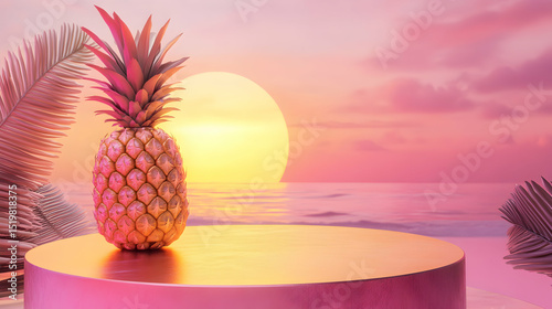 Golden pineapple on a podium at sunset with palm leaves for tropical vibe