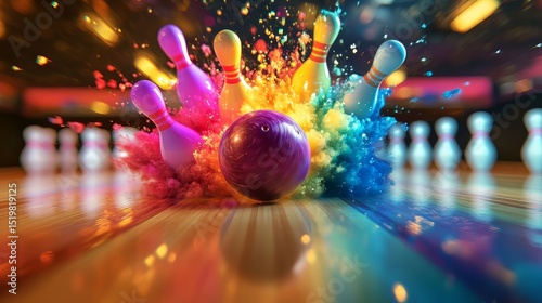 A bowling ball with a rainbow colored bowling ball in the middle of a bowling lane. The bowling ball is surrounded by a splash of water and fire, giving the impression of a bowling ball in motion