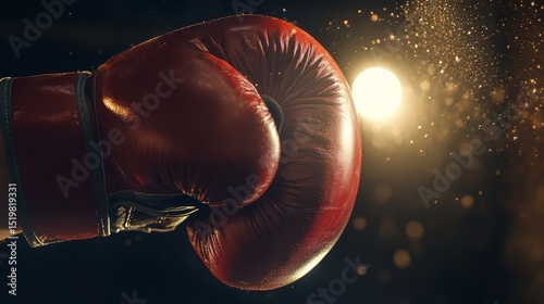 A red boxing glove with a black background. The glove is in the air and has a lot of dust on it