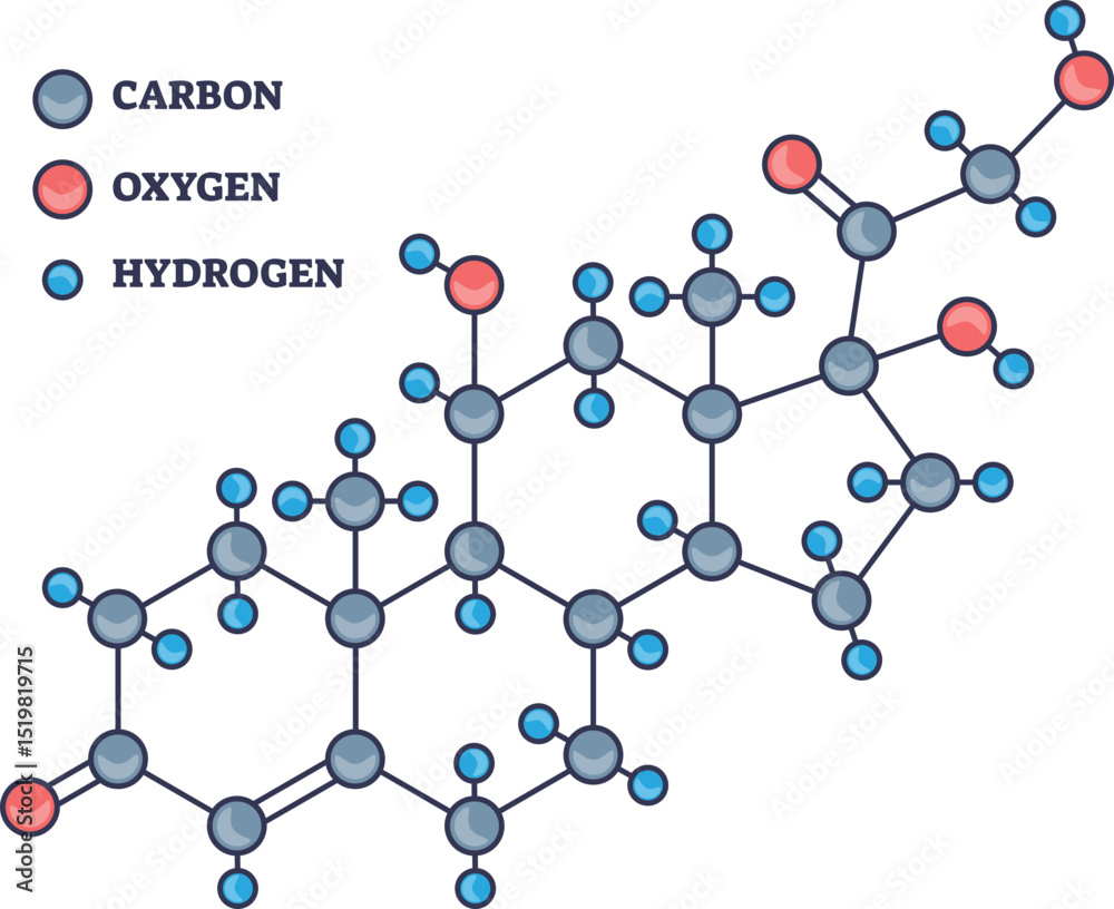 Illustration of cortisol molecule with carbon, oxygen, and hydrogen atoms. Illustration of cortisol molecule with carbon, oxygen, and hydrogen atoms.