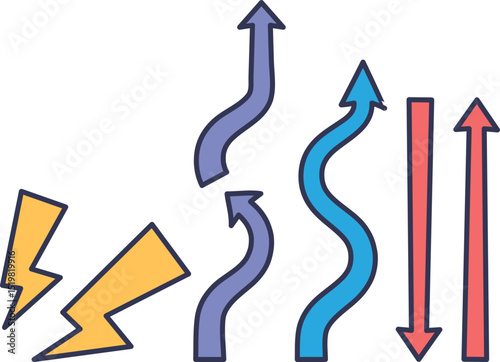 Illustration of energy and heat flow with arrows and lightning bolts, symbolizing energy emission and transfer.