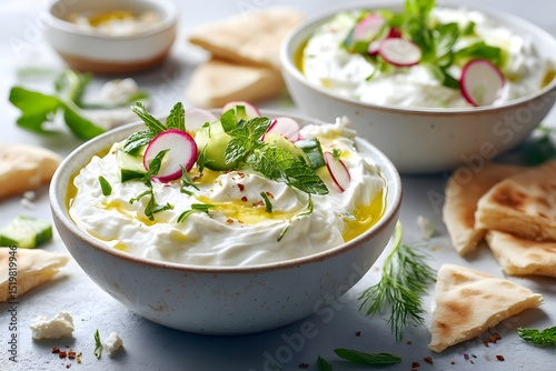 Two bowls of fresh tzatziki or a similar yogurt-based dip, garnished with cucumber, radish slices, and mint, accompanied by pita bread. Symbolizes healthy eating, Mediterranean cuisine
