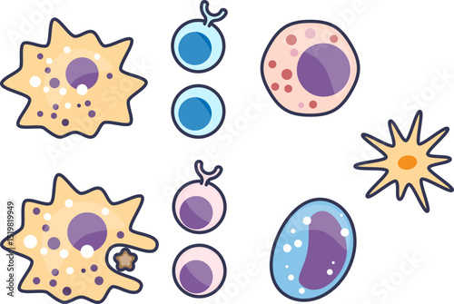 Illustration of various immune cells, including macrophages and lymphocytes, symbolizing immune response.
