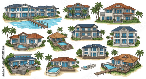  Vector illustration of tropical coastal bungalows and villas at exclusive tourist resort