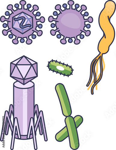 Illustration of various pathogens including viruses and bacteria, symbolizing biological threats.