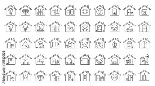 Wooden house icon set featuring various real estate and architecture symbols for web and urban design illustration