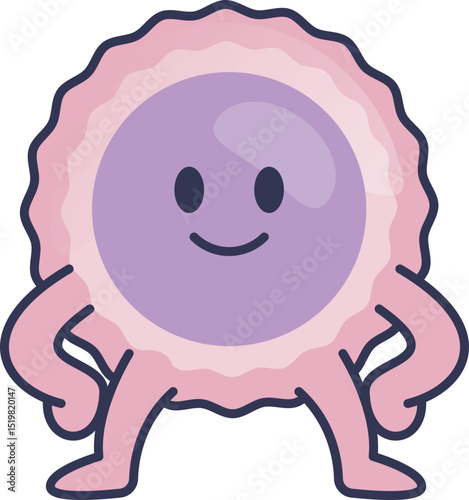 Cartoon cell character symbolizing regulatory functions in biology.