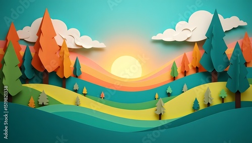 Colorful paper cutout forest landscape with trees sunlight and cloud formation in sky