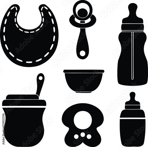 Black Silhouette Set of Baby Essentials Icons Including Bib, Rattle, and Bottle