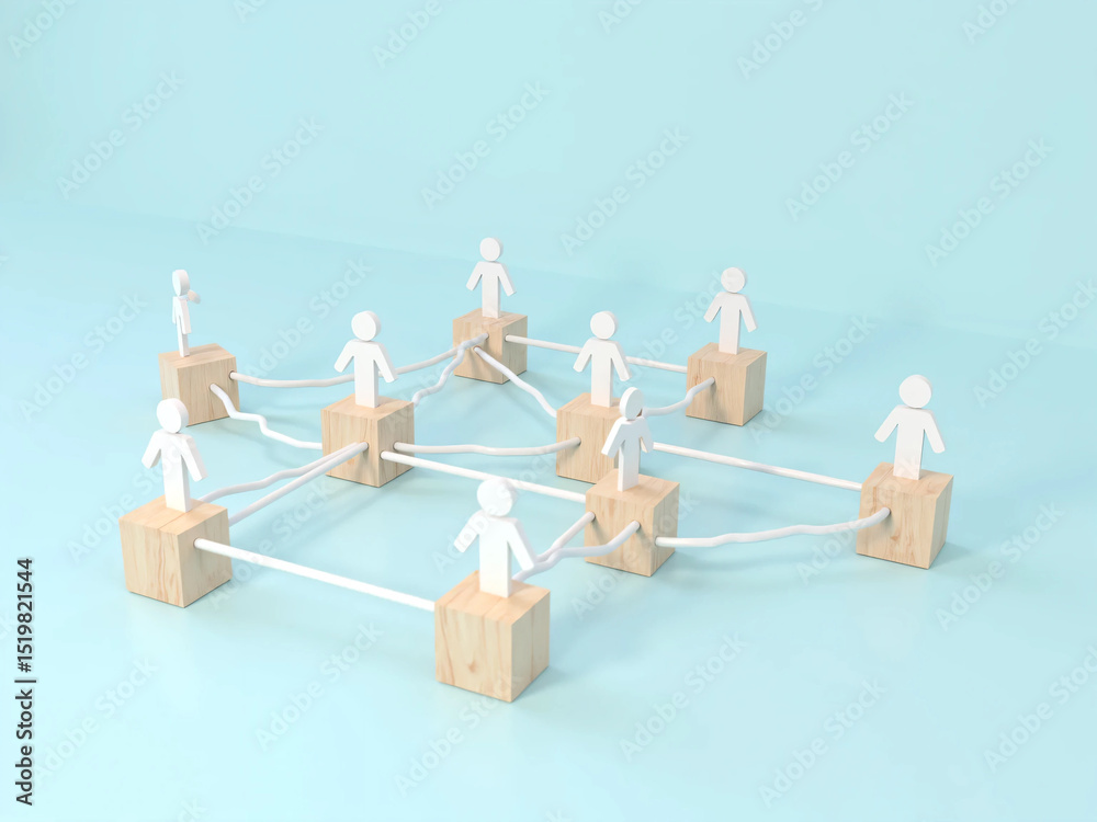 Obraz premium Wooden Cubes Connected with Lines on Blue Background Representing Social Network and Organizational Structure, Illustrating Teamwork, Digital Communication, and Business Collaboration