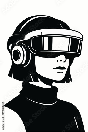 A person wearing a futuristic virtual reality headset with headphones, depicted in a minimalist black and white illustration style.