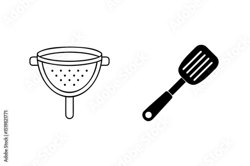 Simple kitchen tools colander and spatula silhouette illustrations on a white background
