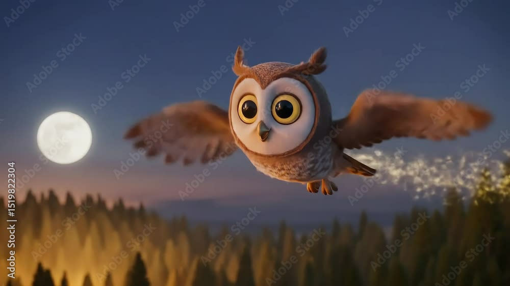 Cute wise brown owl cartoon character with big eyes flying in the night with majestic particles behind