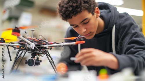 A student building a drone in a STEM innovation lab