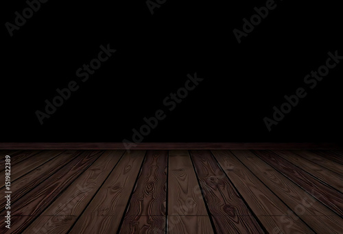 Perspective view of wooden floor and dark background for product placement or display