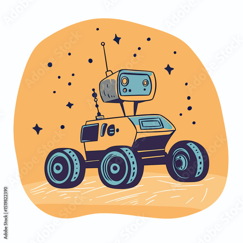 Hand drawn space exploration rover robot with antenna and wheels on planetary surface against starry sky in minimalist flat vector style illustration