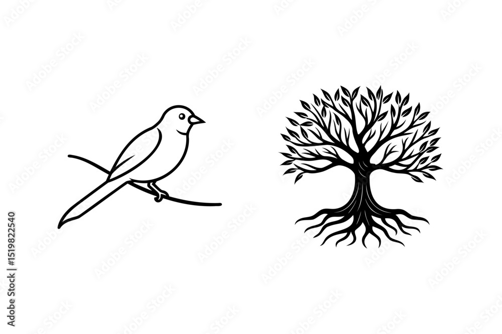 Obraz premium Simple bird perched on branch and silhouette tree design black and white nature illustration
