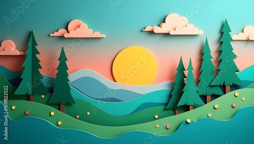 Paper cutout landscape with trees sun clouds and artistic scenic environment design