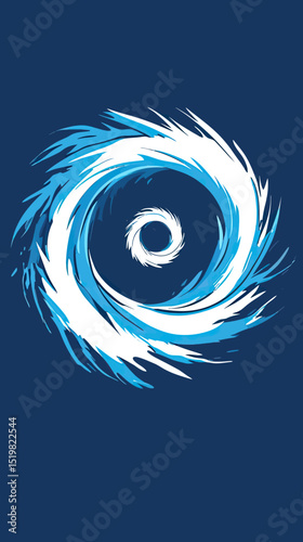 Abstract swirling blue and white hurricane vortex spiral illustration with dynamic brush stroke style on dark background vector design