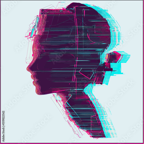 Digital glitch effect human head silhouette side view abstract design with 3D distorted lines and vibrant cyan magenta color overlay technology concept vector illustration